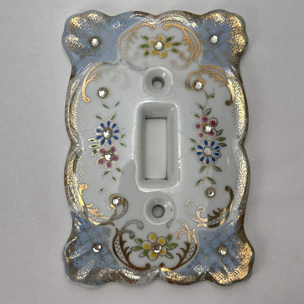 Vintage Lefton's Floral Rhinestones Porcelain Light Switch Plate Cover Blue 2685